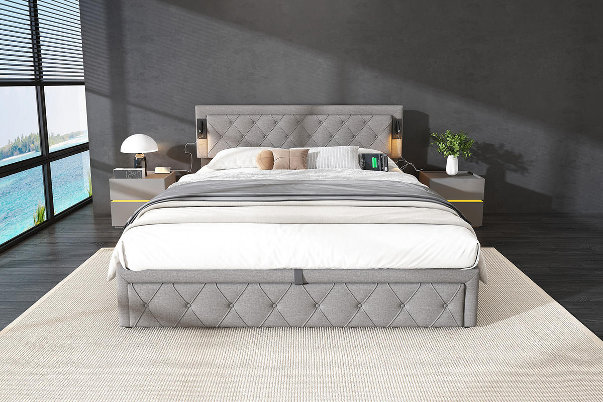ČALOUNĚNÁ POSTEL 180/200 cm v šedé barvě s úložným prostorem, osvětlením a USB - šedá, kov/kompozitní dřevo (180/200cm) - CHICFURN