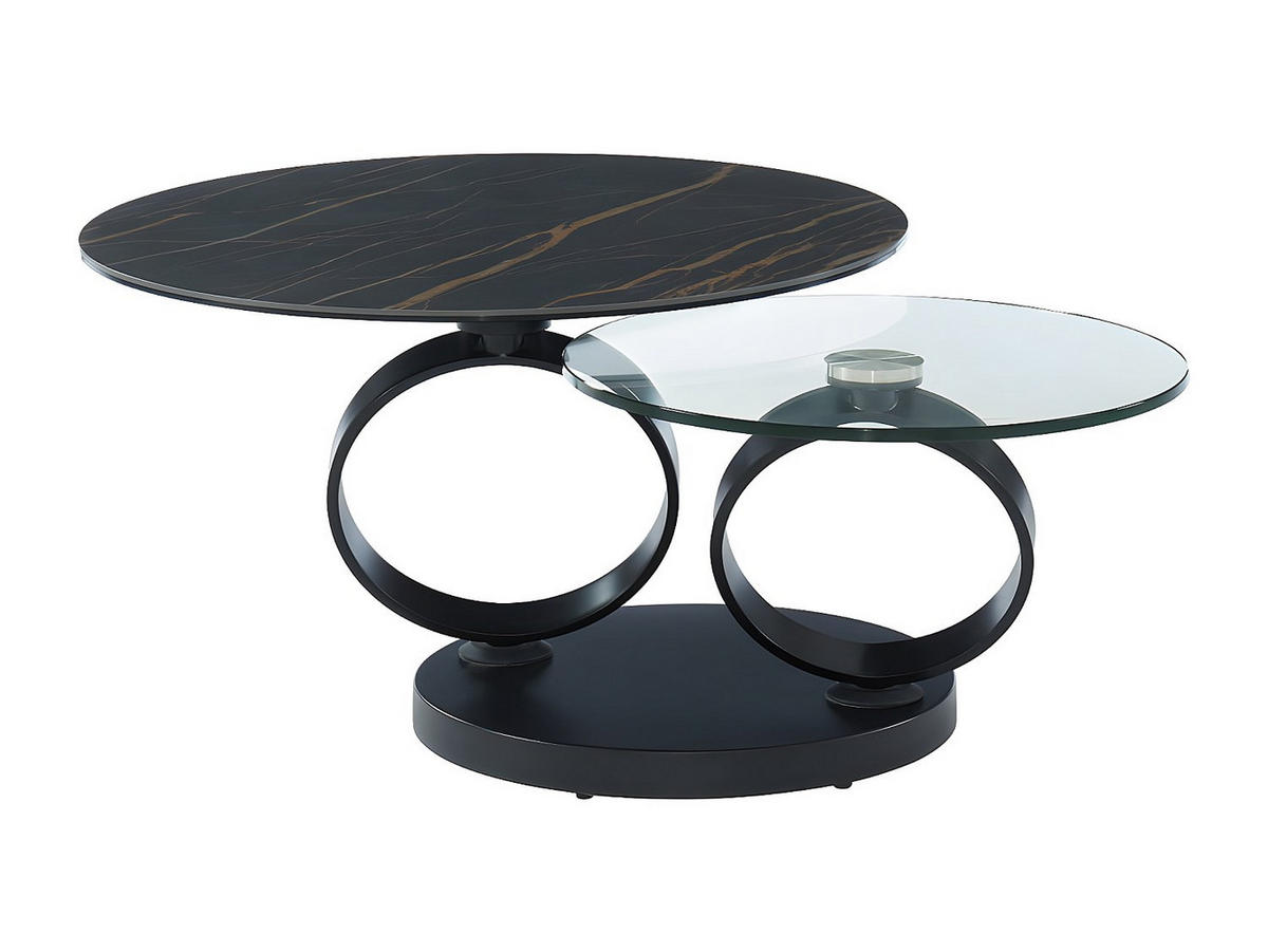 COUCHTISCH mit drehbaren Tischplatten - Keramik & Glas - Schwarz mit Marmor-Effekt - JOLINE - Schwarz, Glas (131.5/80/42cm) - Vente-Unique