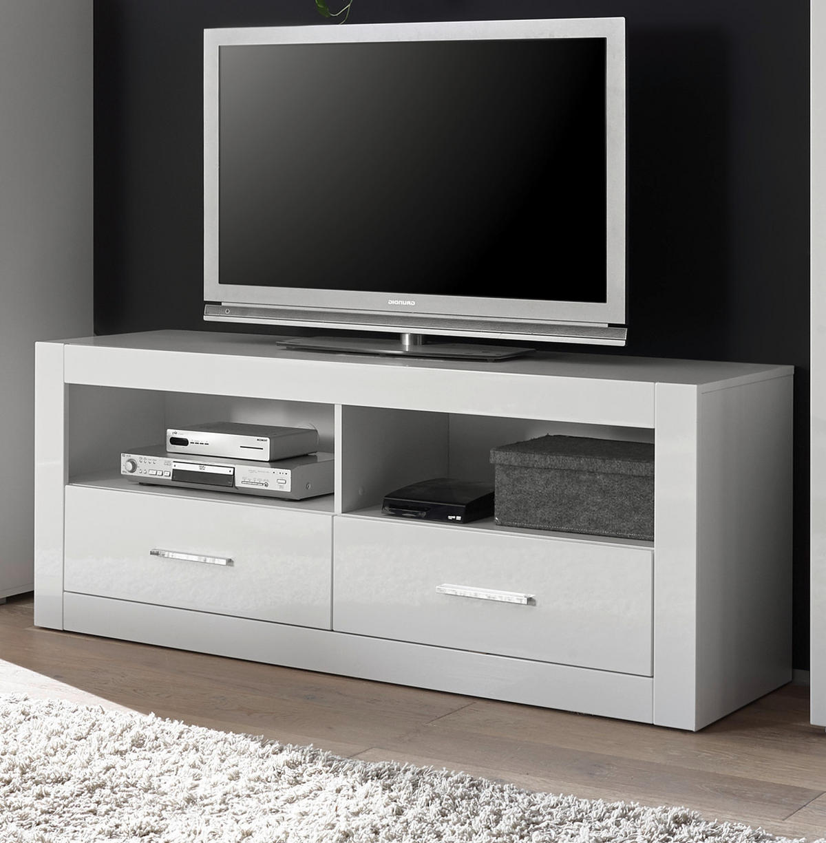 TV-LOWBOARD weiß Hochglanz, TV Unterteil Komforthöhe auf Rollen - Chromfarben/Weiß Hochglanz, Holzwerkstoff/Kunststoff (150/61/45cm) - Furn.Design