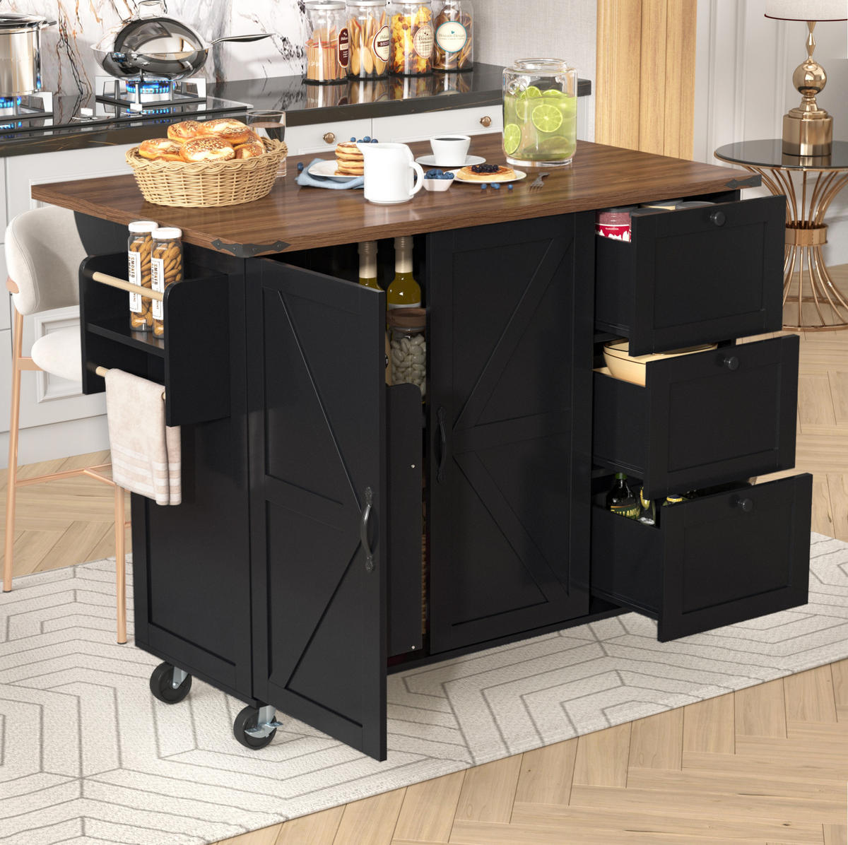 KÜCHENINSEL aus MDF 140x45x92,5 cm Schwarz mit klappbarer Arbeitsplatte, 5 Rollen und 3 Schubladen - Schwarz, Holzwerkstoff (140/92.5/45cm) - Modfu
