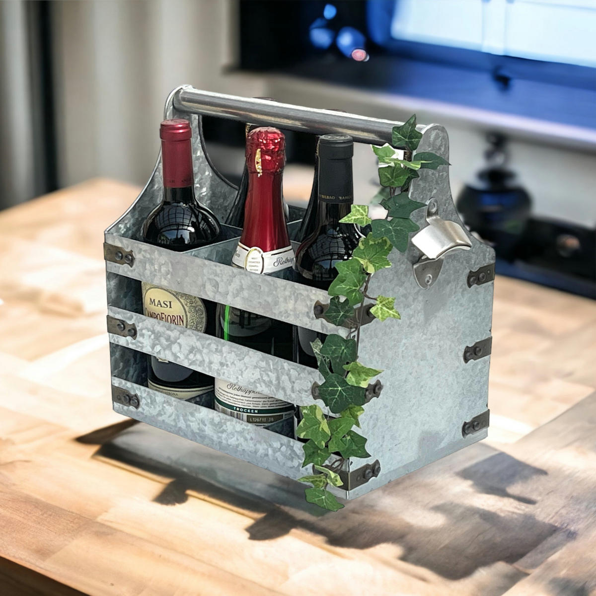 WEINTRÄGER Metall für 6 Flaschen mit Öffner 96403  - Silberfarben, Metall (33/33/20cm) - DanDiBo