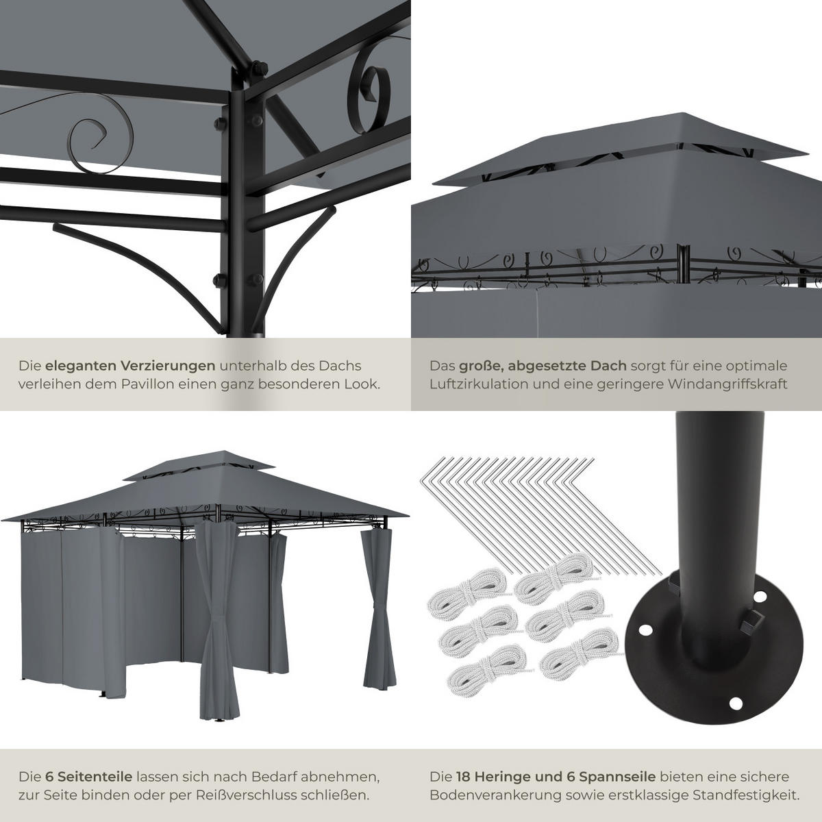 GARTENPAVILLON Emine,inklusive Spannseilen und Heringen,anthrazit - Anthrazit, Kunststoff (300/265/400cm) - tectake