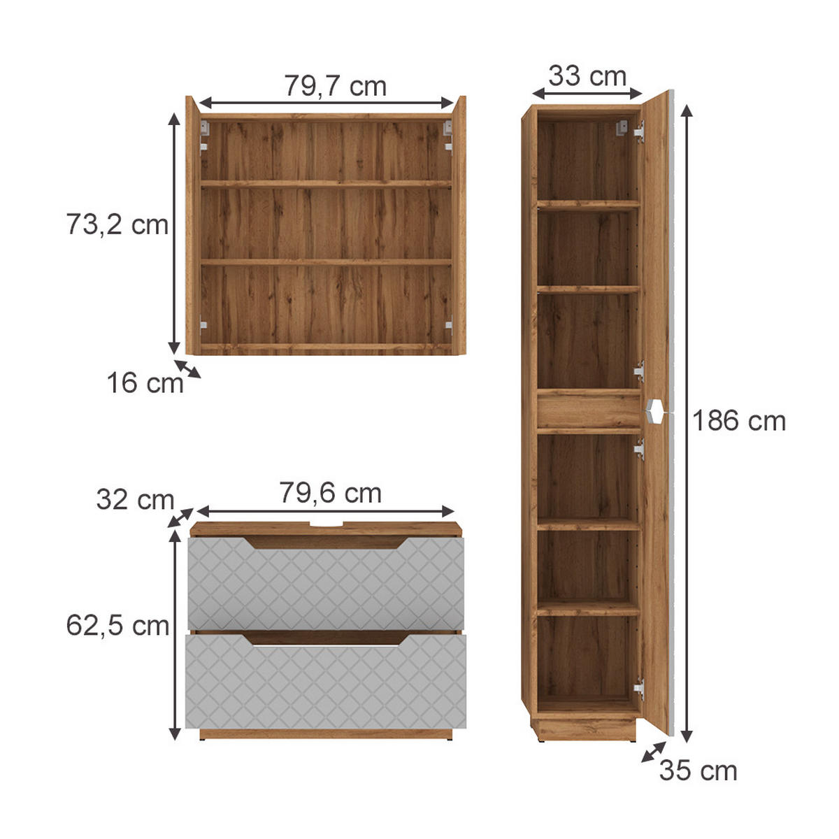 BADMÖBEL-SET Lotta Eiche/Grau mit Kachelstruktur 3 Teile - Eichefarben/Grau, Holzwerkstoff (79.6/62.5/32cm) - Vicco