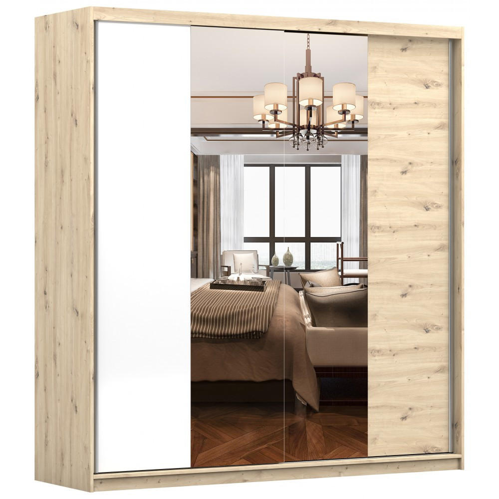 SCHWEBETÜRENSCHRANK - Marsylia Artisan Eiche/Weiß mit Spiegel 203 cm - Alufarben/Weiß, Glas/Holzwerkstoff (203/218/61cm) - imoebel24