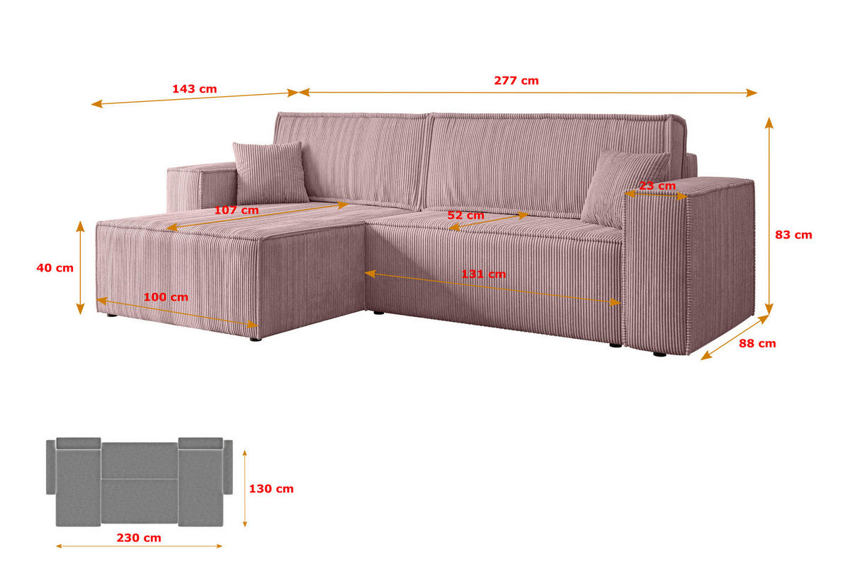 ECKSOFA mit Schlaffunktion und Bettkasten CELTIC-XL - 277x143x83 cm Rosa Cord - Schwarz/Rosa, Holzwerkstoff/Kunststoff (277/143cm) - ALTDECOR