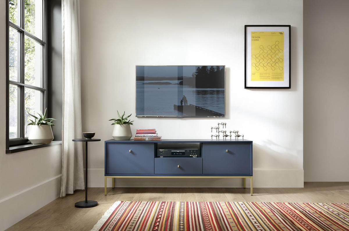 TV-SCHRANK Molly Dunkelblau, Goldene Beine, TV-Tisch mit Schublade - Goldfarben/Dunkelblau, Holzwerkstoff/Metall (154/56/39cm) - Bettso