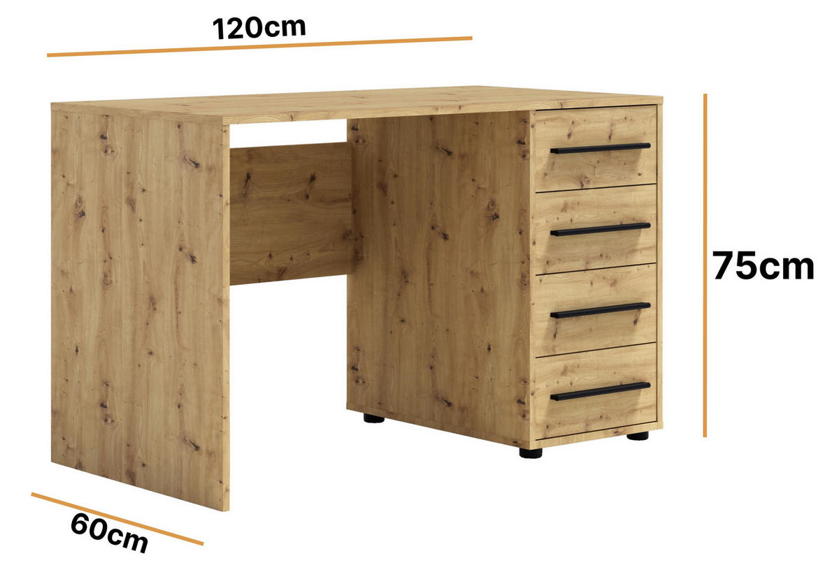 SCHREIBTISCH Modena 120x60 in Eiche Artisan mit Schubladen - Kaschmir/Schwarz, Holzwerkstoff/Kunststoff (60/120/75cm) - Ravio