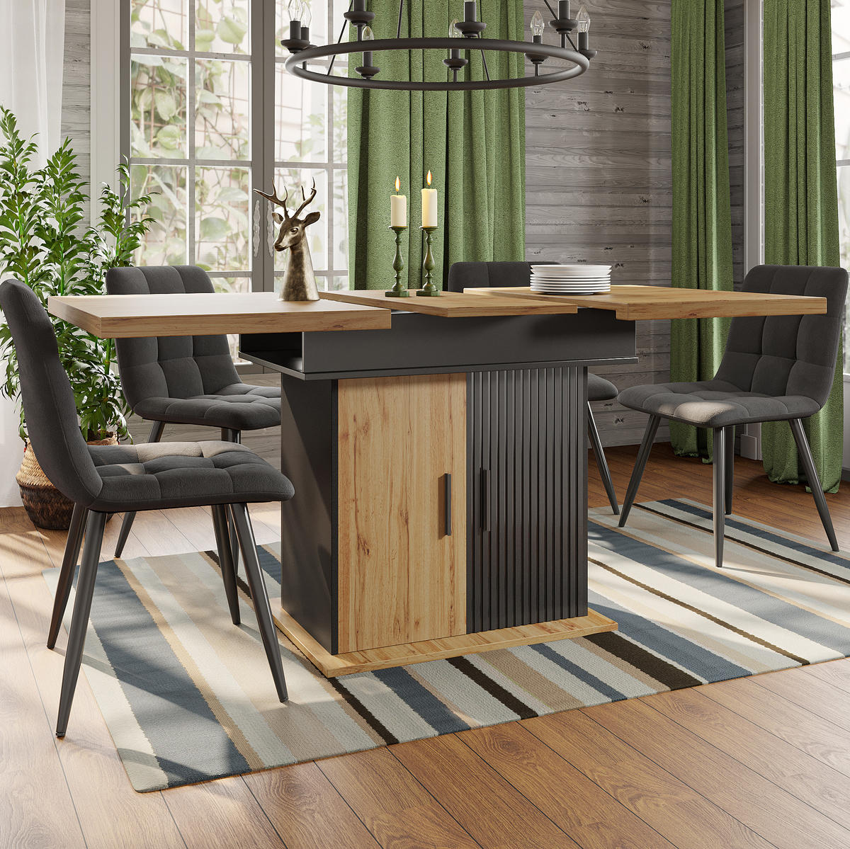 AUSZIEHTISCH 110-140/80/75 cm in Schwarz/Natur mit Stauraum für 4-6 Personen - Schwarz, Holzwerkstoff (110/80/75cm) - BEAOK