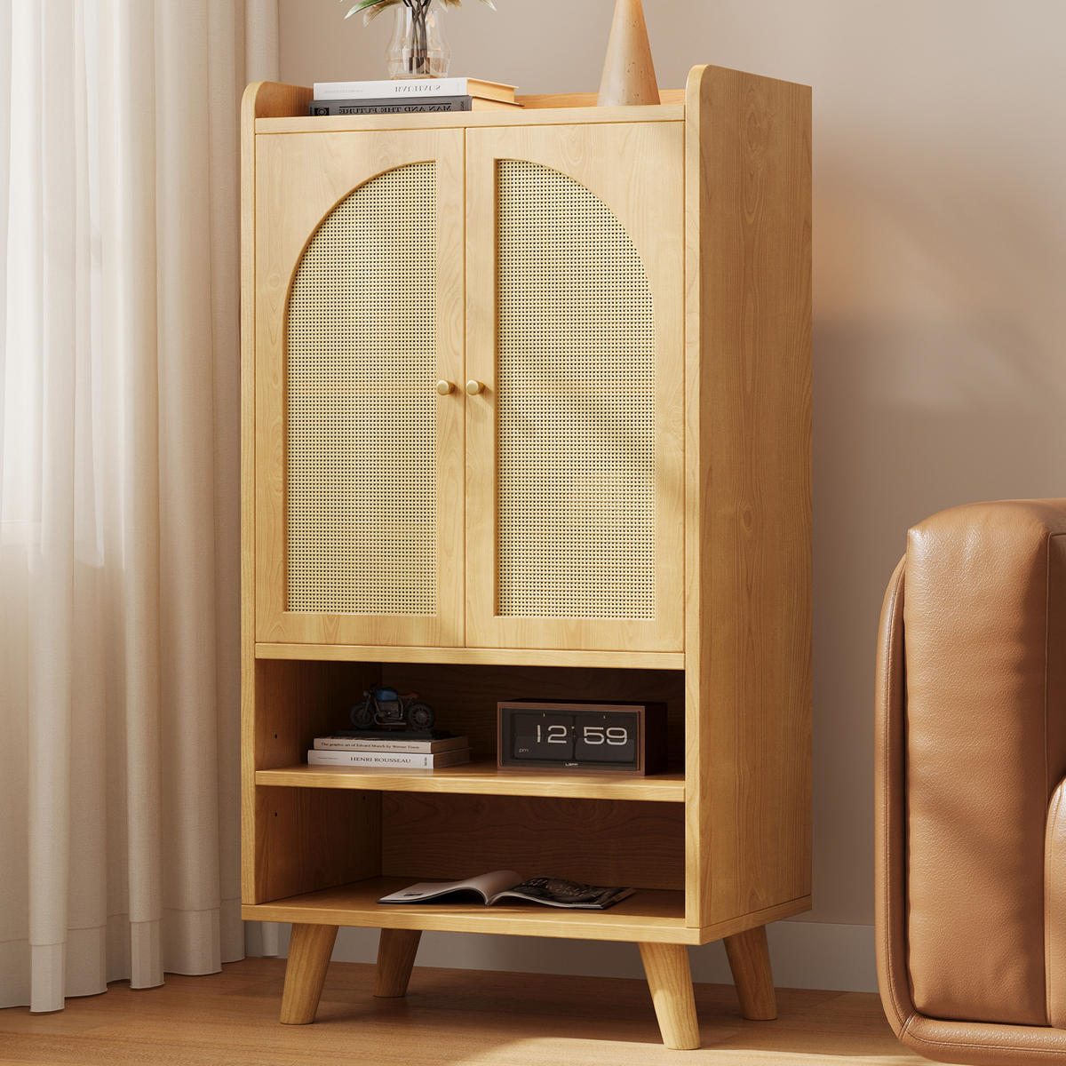 SIDEBOARD Rattan Holz 2 Türen 2 Fächer 60x40x121cm Stauraum - Naturfarben, Holzwerkstoff (40/121/60cm) - FLIEKS