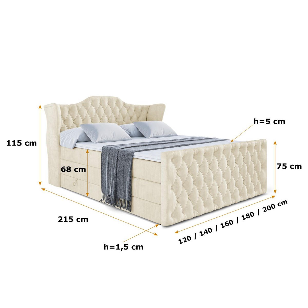 BOXSPRINGBETT VILA-Z KING - 160x200 - H3/H4 - Beige - Beige, Holzwerkstoff (160/200cm) - ALTDECOR