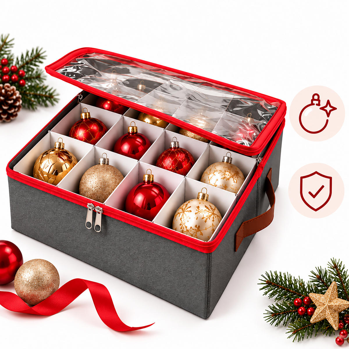 AUFBEWAHRUNGSBOX Grau 4er-Set für Weihnachtskugeln - Grau, Wellpappe/Kunststoff (32.5/36/32.5cm) - Relaxdays