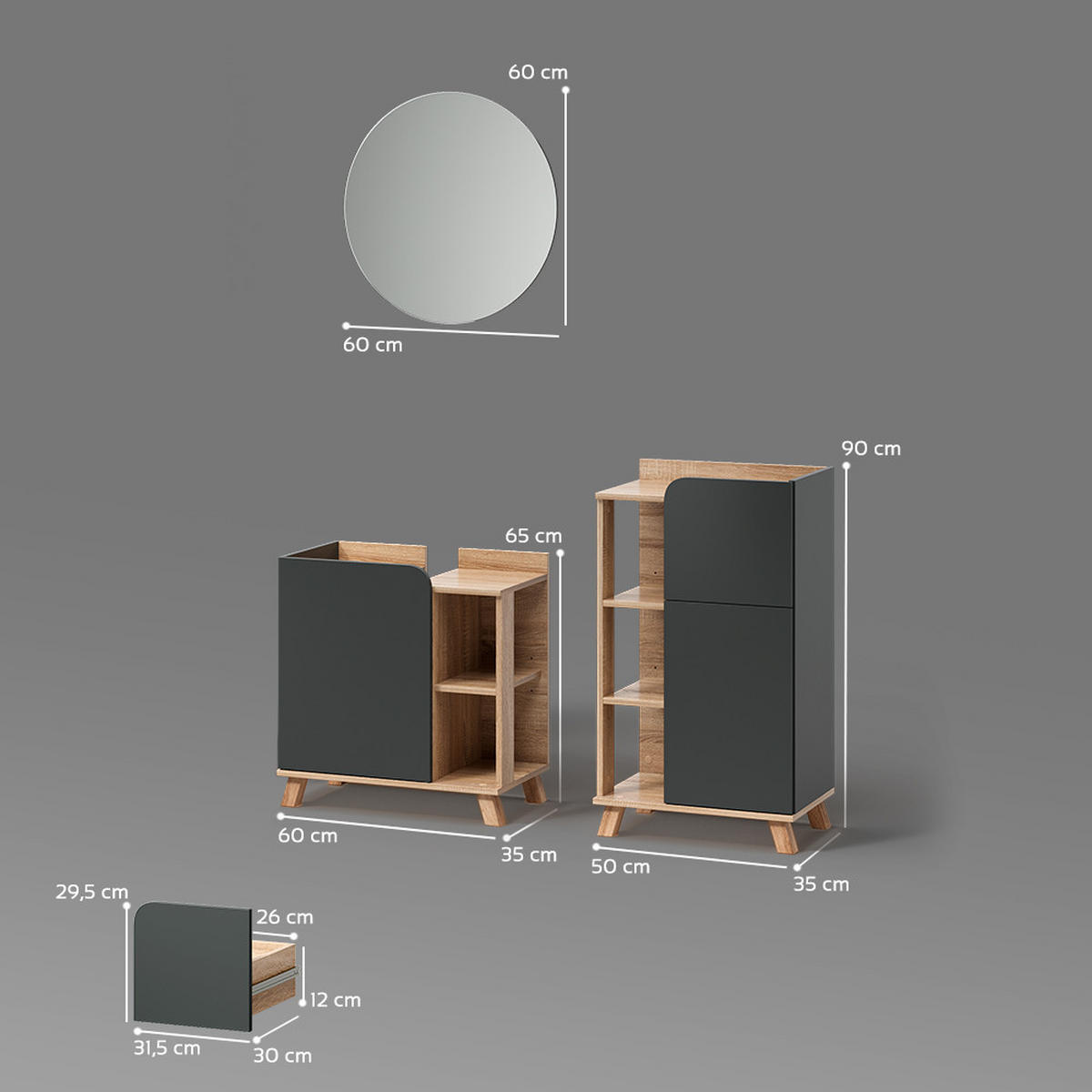 BADMÖBEL-SET Marano Anthrazit 3 Teile, mit Midischrank - Anthrazit/Sonoma Eiche, Holzwerkstoff (35/65/60cm) - Livinity®