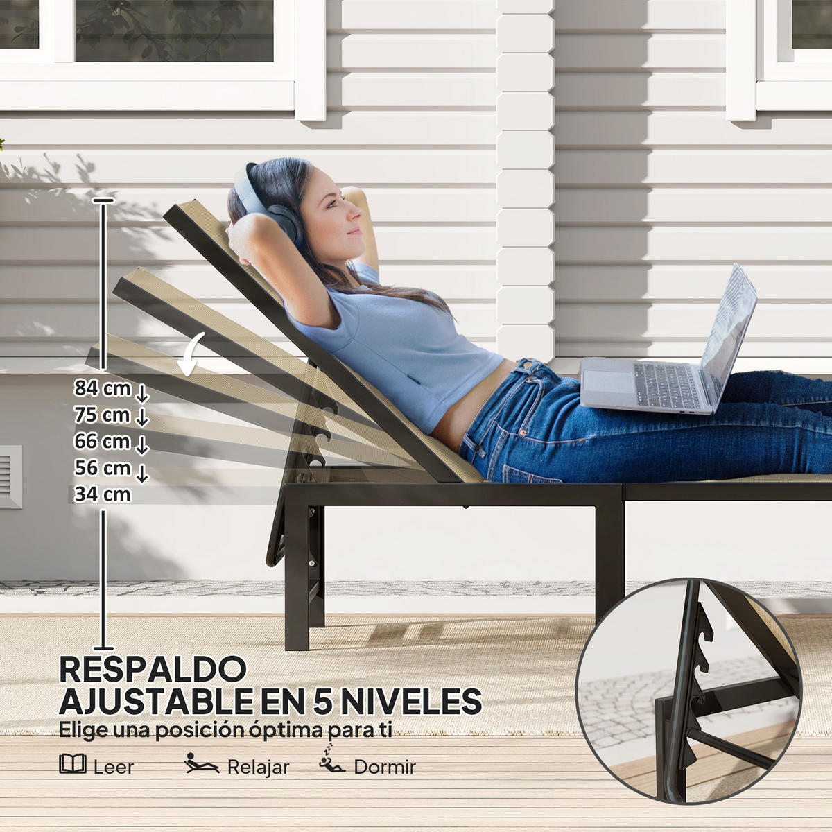 GARTENLIEGESTUHL, vierfach verstellbares Stahlgestell, klappbar, khakifarben - Cappuccino, Metall (60/84/166cm) - Vallsero
