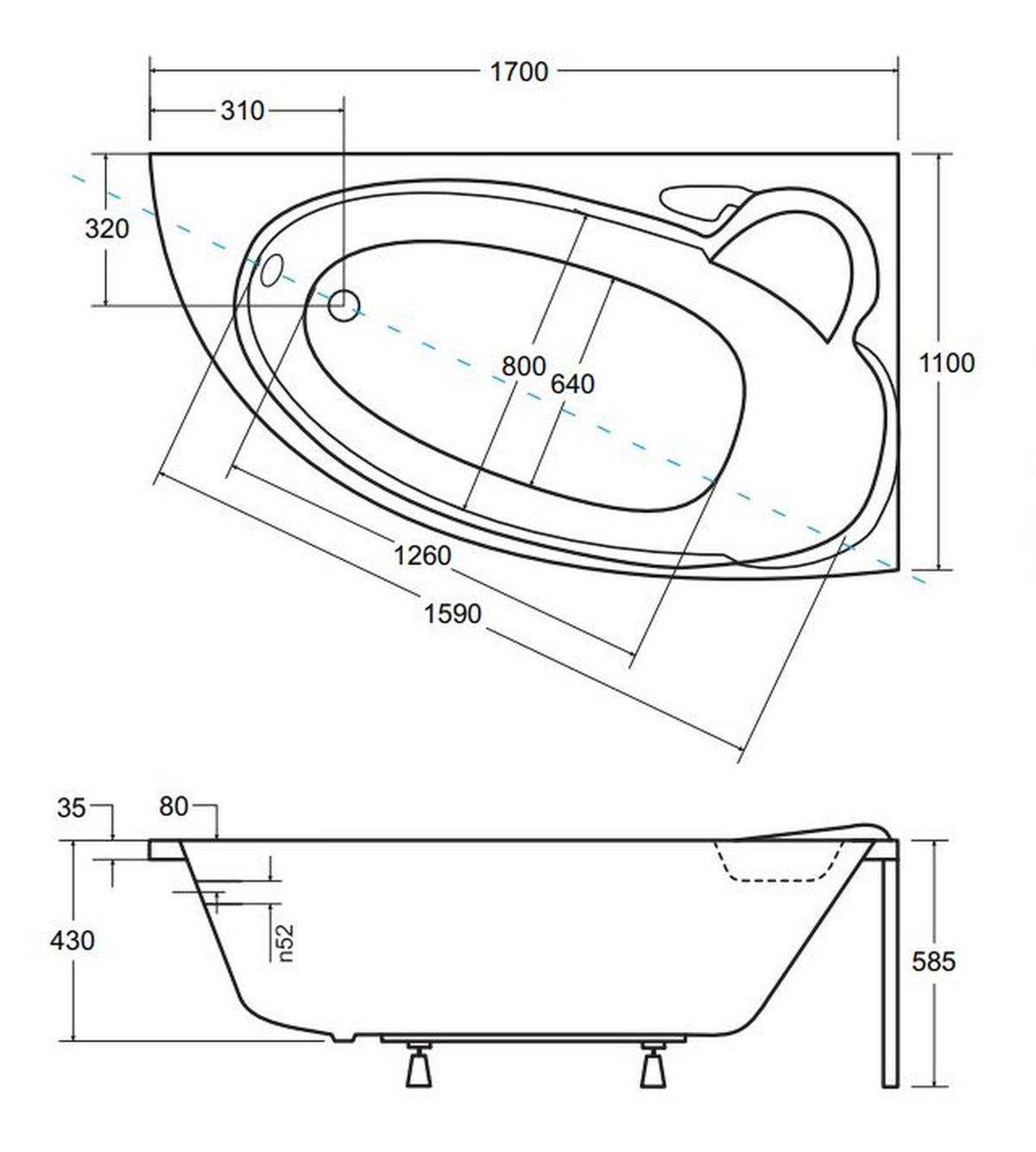 BADEWANNE Eckwanne FINEZJA 170/110 Rechts mit Styro Ablauf Füße - Weiß, Kunststoff (110/58.5/170cm) - bad land