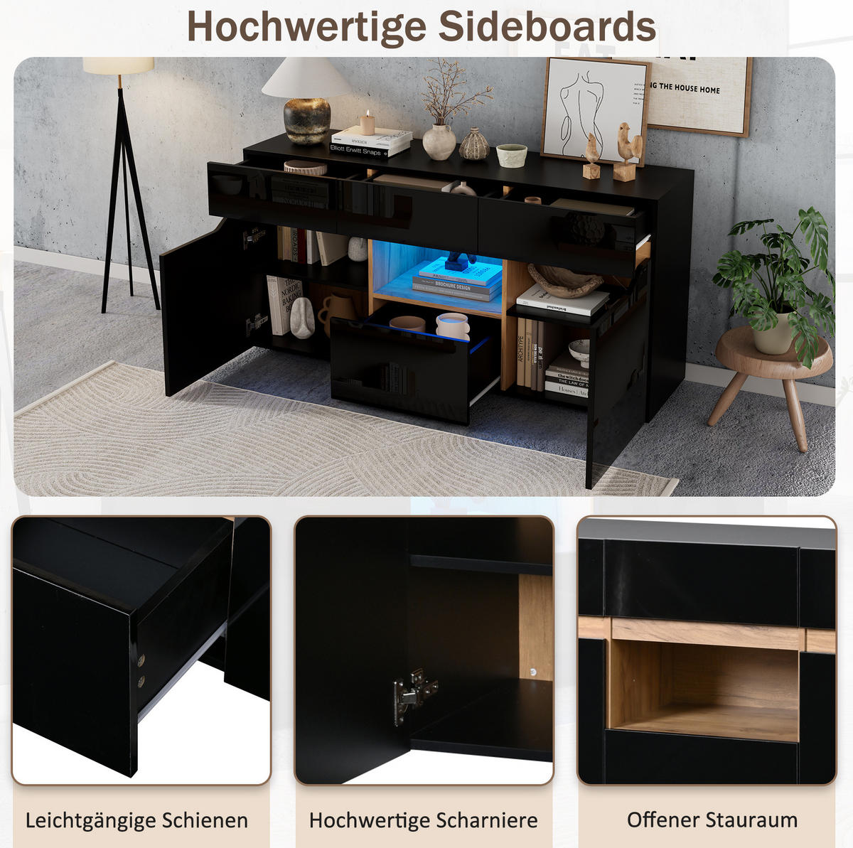 SIDEBOARD 140/40/70 cm mit LED-Beleuchtung, 4 Schubladen und 2 Türen, Hochglanz-Front, Schwarz/Naturholz - Schwarz, Holzwerkstoff (140/70/40cm) - Redom