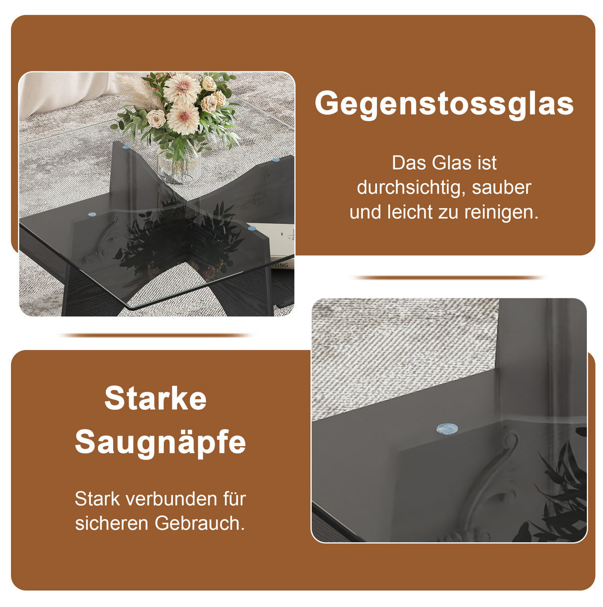 COUCHTISCH aus MDF und Glas 80x80x40 cm in Schwarz mit Ablagefach - Schwarz, Glas (80/80/40cm) - Modfu