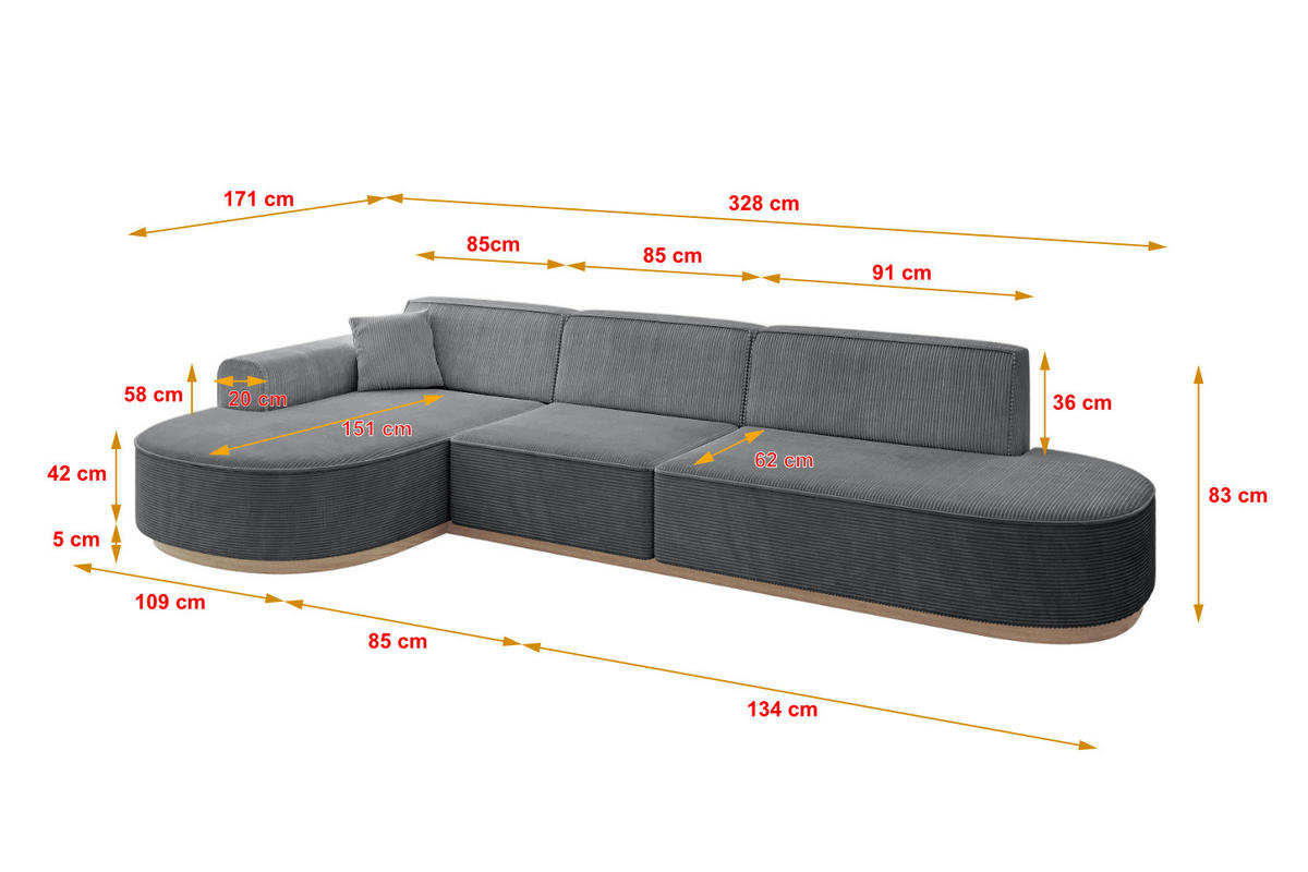 ECKSOFA Ottomane Links MARI-L2-v1 - 328x171x83 cm Dunkelgrau Cord - Dunkelgrau, Holzwerkstoff/Textil (328/171cm) - ALTDECOR