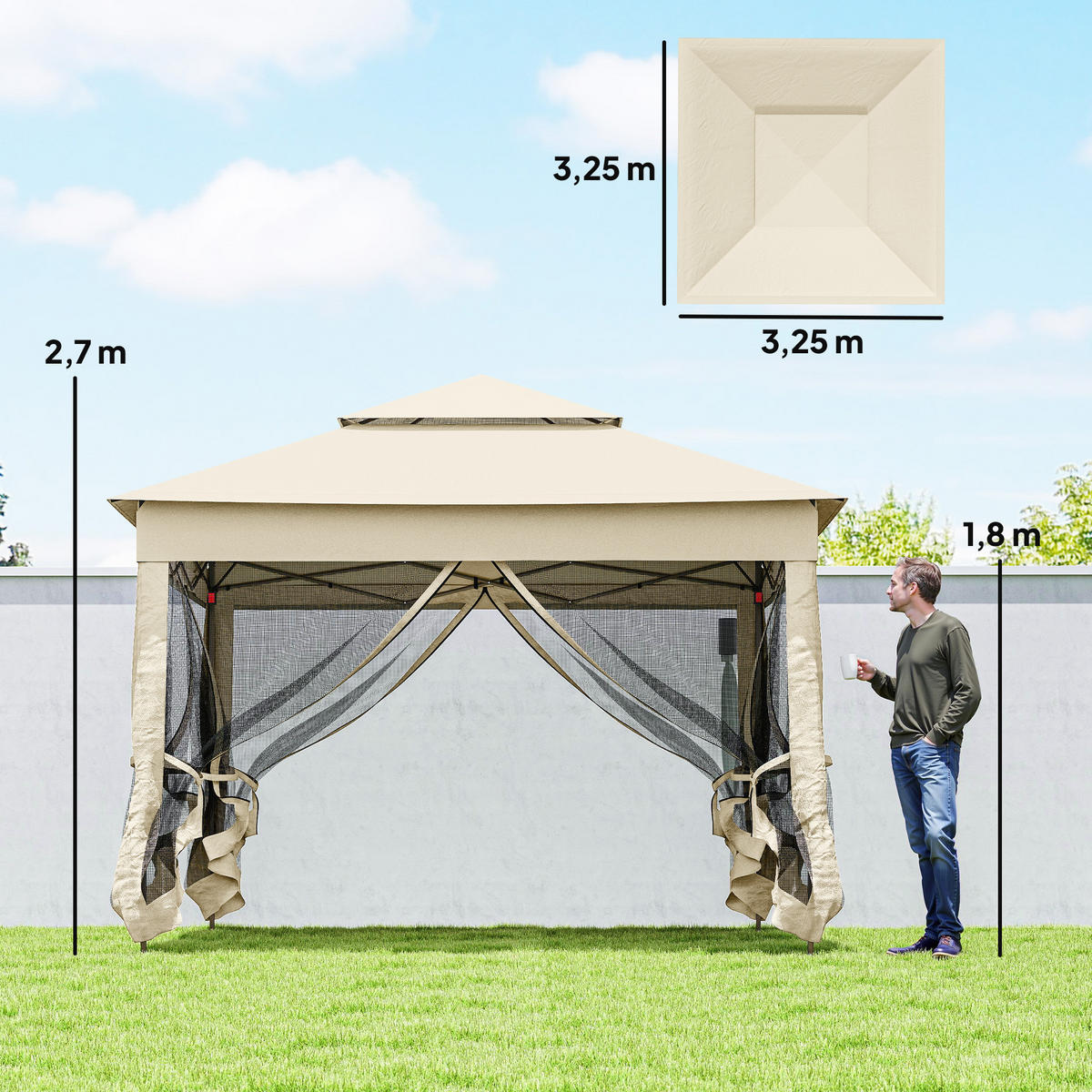 PAVILLON DE-13990 Pop-up 3/3 m, Doppeldach, Moskitonetze Creme - Creme, Textil (325/270/325cm) - ComfortXL