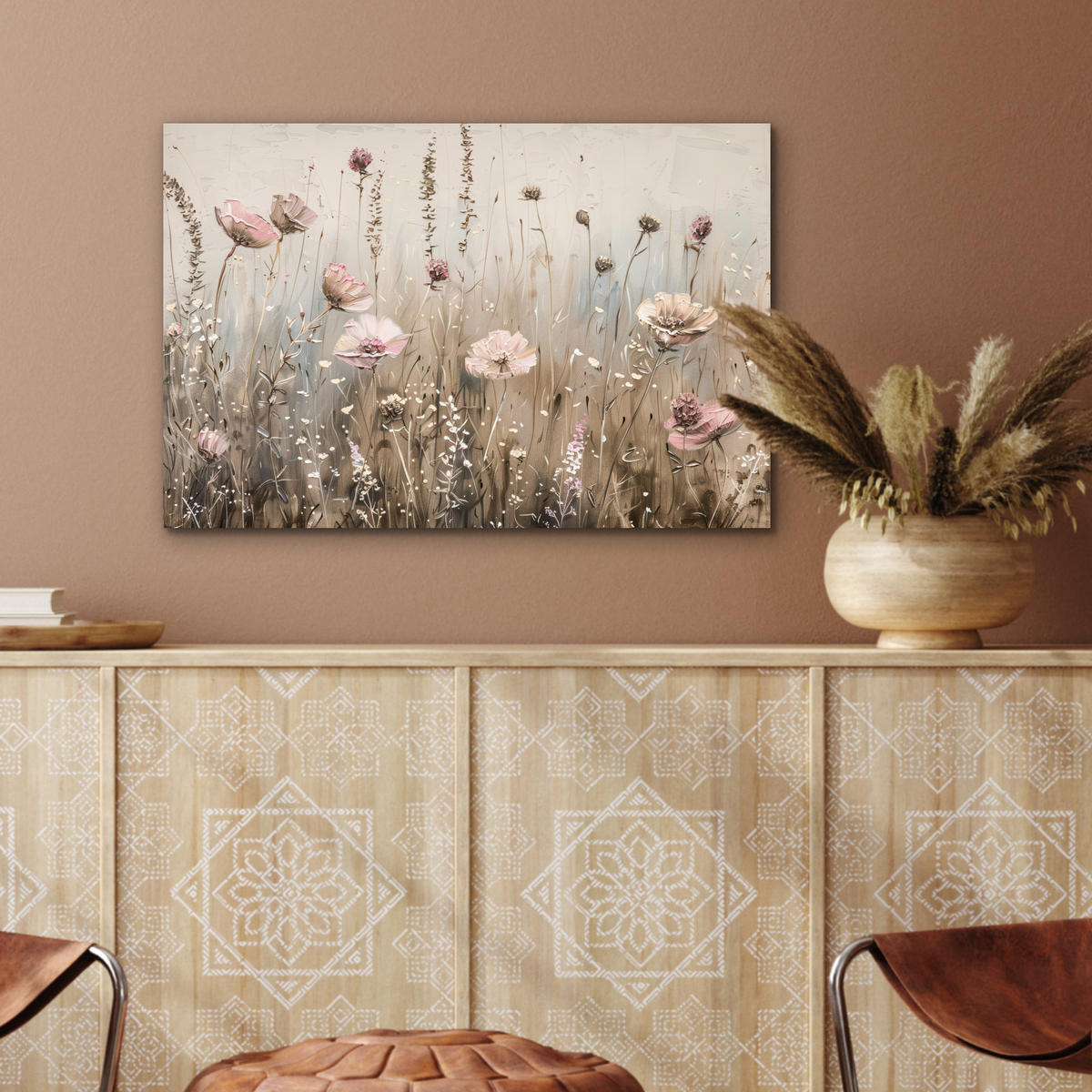METALLBILD Blumen - Rosa - Modern - Beige 60x40 cm - Beige, Metall (60/40cm) - MuchoWow
