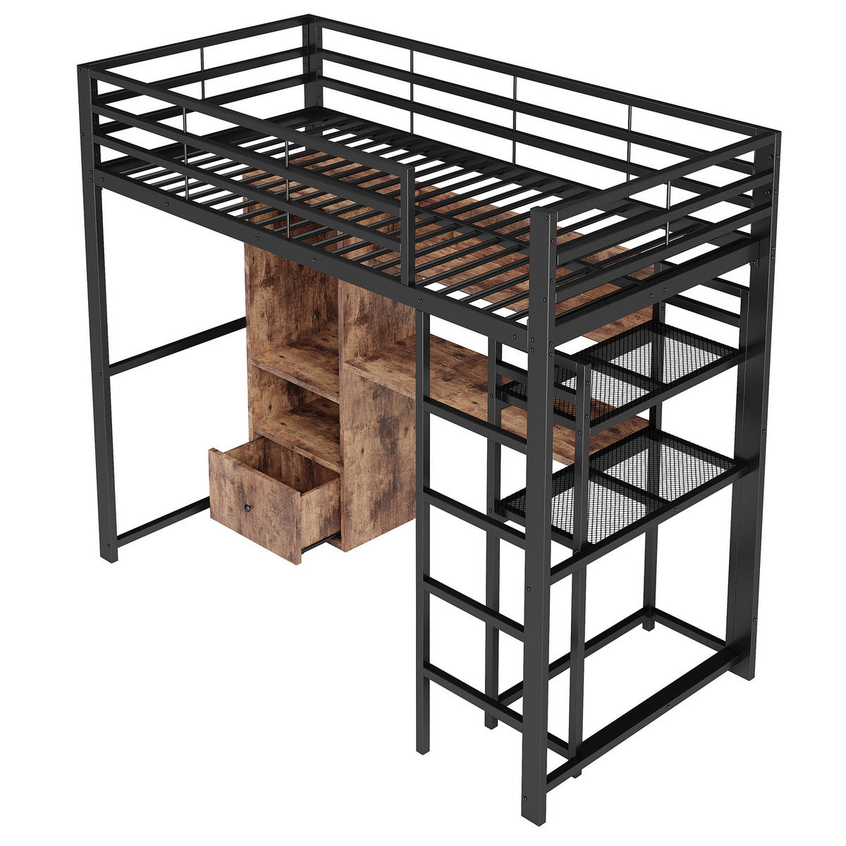 HOCHBETT 90/200 cm schwarz aus Metall/MDF mit Schreibtisch - Schwarz, Holzwerkstoff (90/200cm) - OKWISH