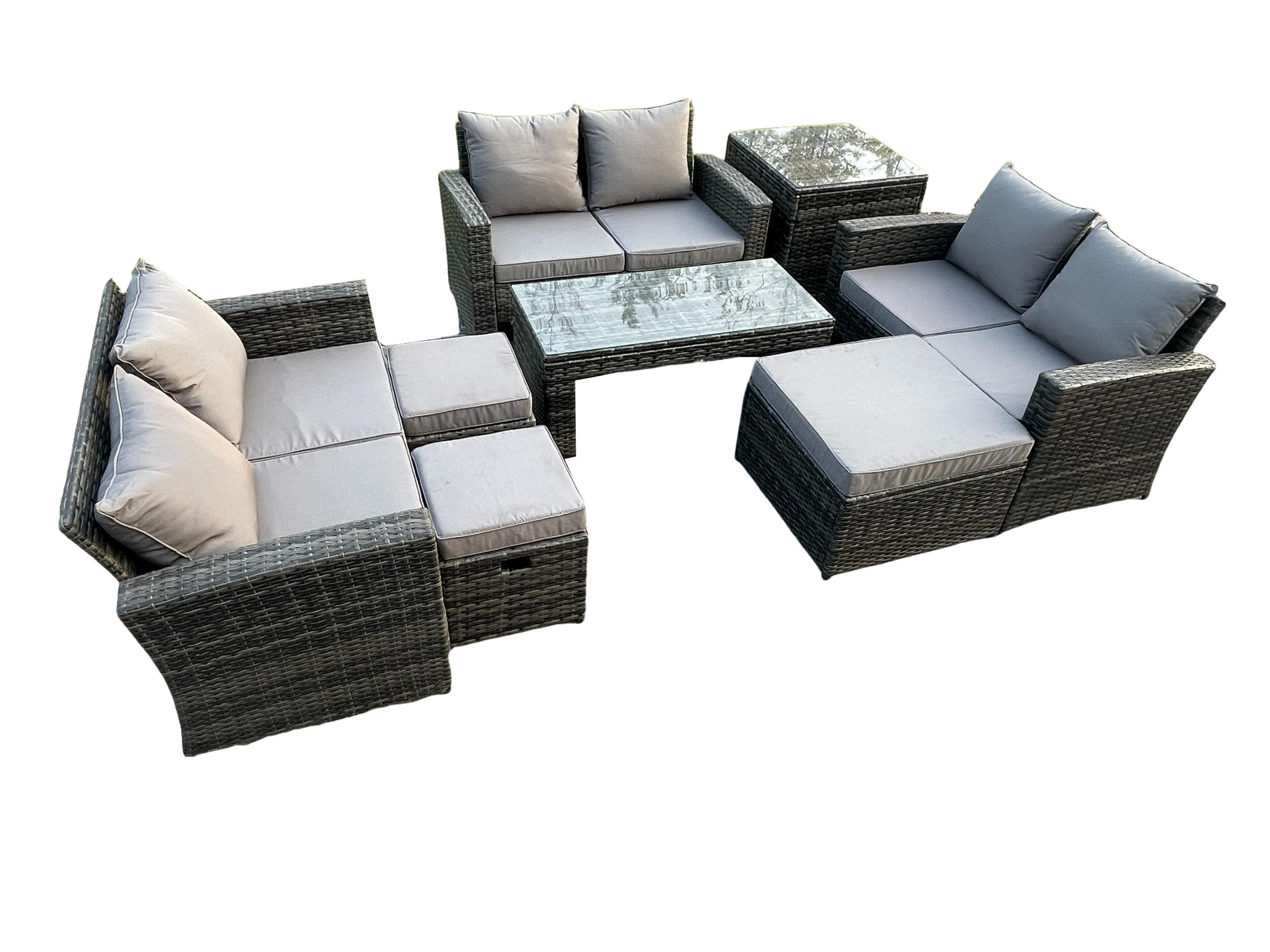 GARTENMÖBEL SET MIT COUCHTISCH DOPPELSITZ-SOFA 3 HOCKER BEISTELLTISCH Polyrattan Dunkelgrau Gemischt 9-Sitzer - Dunkelgrau, Metall - Fimous