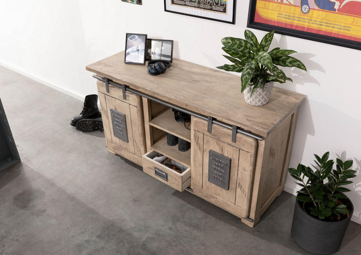 SIDEBOARD Mango 128x45x70 whitewash lackiert RAILWAY #302 - Beige, Holz (128/70/45cm) - Massivmoebel24