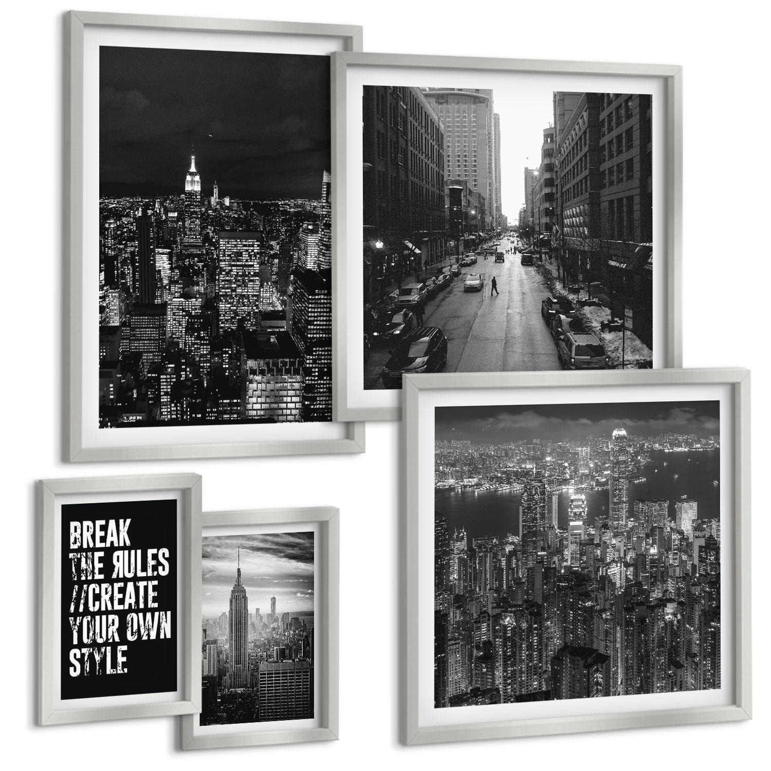 BILDER SET 5er Set - 50x50 cm & 20x30 cm & 40x60 cm Silberner Rahmen - Inspiration für Schwarz-Weiß-Darstellungen von Stadtstraßen - Silberfarben, Kunststoff (40/60cm) - TULUP