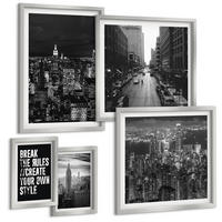 BILDER SET 5er Set - 50x50 cm & 20x30 cm & 40x60 cm Silberner Rahmen - Inspiration für Schwarz-Weiß-Darstellungen von Stadtstraßen - Silberfarben, Kunststoff (40/60cm) - TULUP