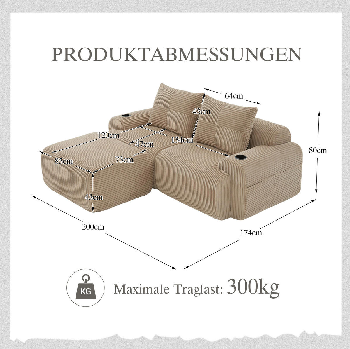 ECKSOFA 200/174/80 cm khaki aus Cord mit Cupholder und Seitentasche - Sandfarben, Textil (174/200cm) - OKWISH