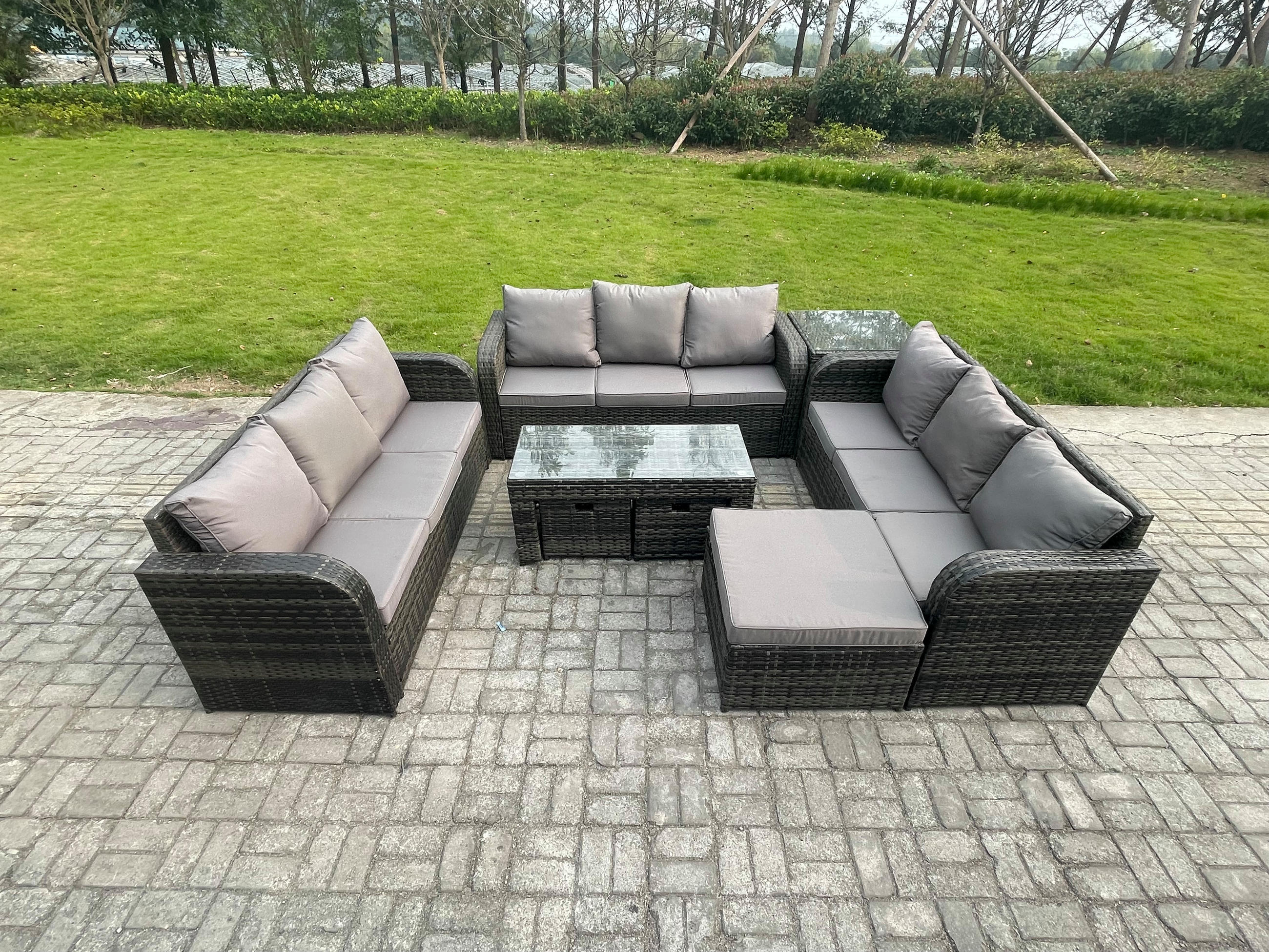 GARTENSOFA SET mit rechteckigem COUCHTISCH Polyrattan 12-Sitzer Dunkelgrau - Dunkelgrau/Grau, Glas/Kunststoff - Fimous