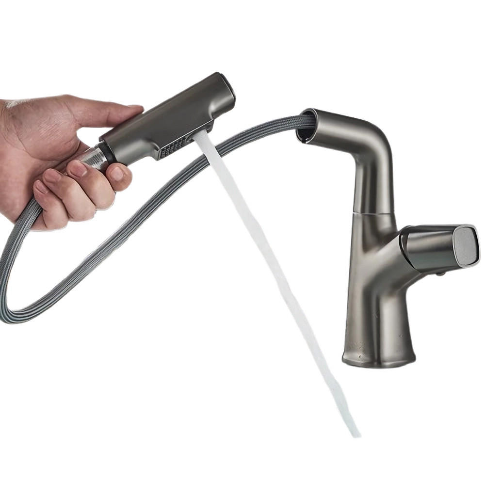 WASCHTISCHARMATUR herausziehbarer Wasserfall-Auslauf, heißes kaltes Wasser, Grau - Grau, Metall (19/24.5/5cm) - Kaket