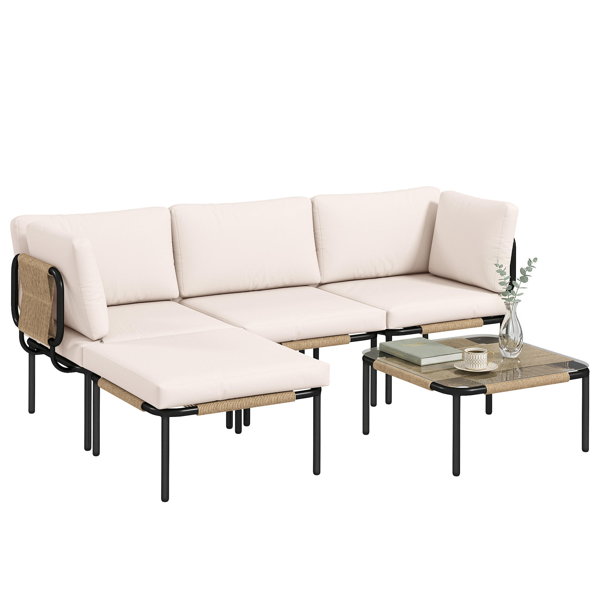 GARTENMÖBEL-SET 5-teilig DE-06783 mit Glastisch & Hocker - Taupe, Kunststoff/Metall - ComfortXL
