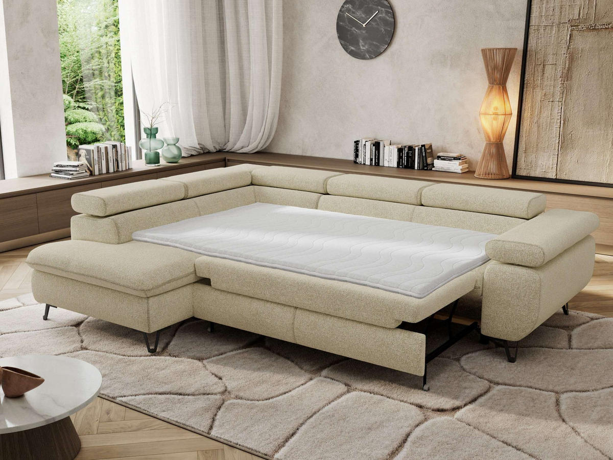 ECKSOFA PABLO L Creme Struktur - Links Seite mit Visco Topper - Creme/Schwarz, Textil/Metall (208/273cm) - MKS