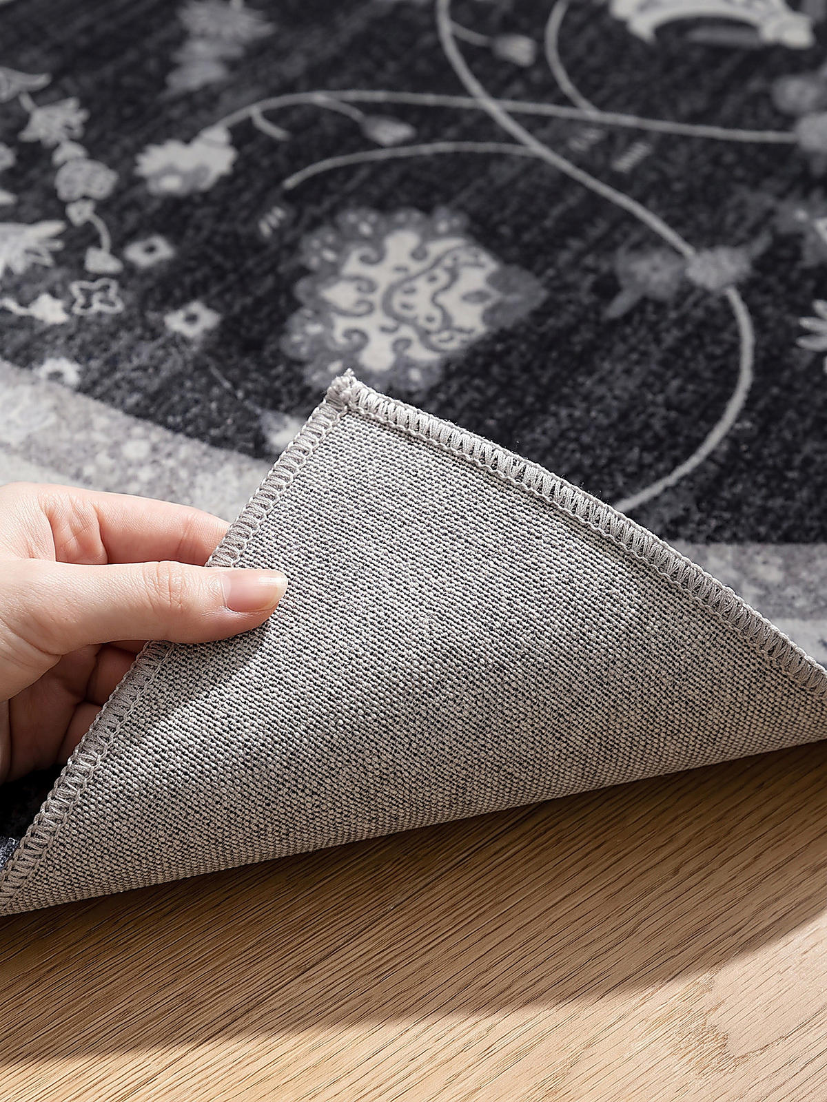 TEPPICH Kurzflor, waschbar, mit floralen Ornamenten, VERNANTE in Schwarz-Creme-Grau, Ø 200 cm - Schwarz, Textil (200/200cm) - KADIMA DESIGN