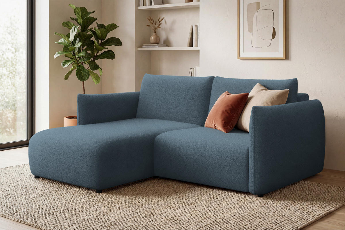 ECKSOFA TAUER 3-Sitzer LINKS, Bouclé-Stoff blau - Blau/Schwarz, Holz/Textil (173/206cm) - Courtois Laville