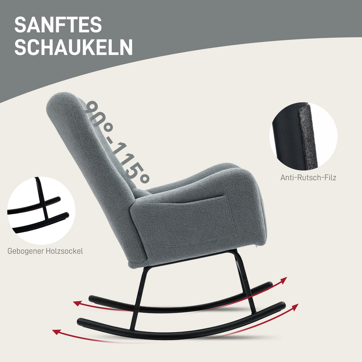 SCHAUKELSTUHL, Schaukelsessel mit Teddystoff-Optik, Armlehne, Seitentasche Grau - Grau, Textil (67/100/95cm) - HOMCOM