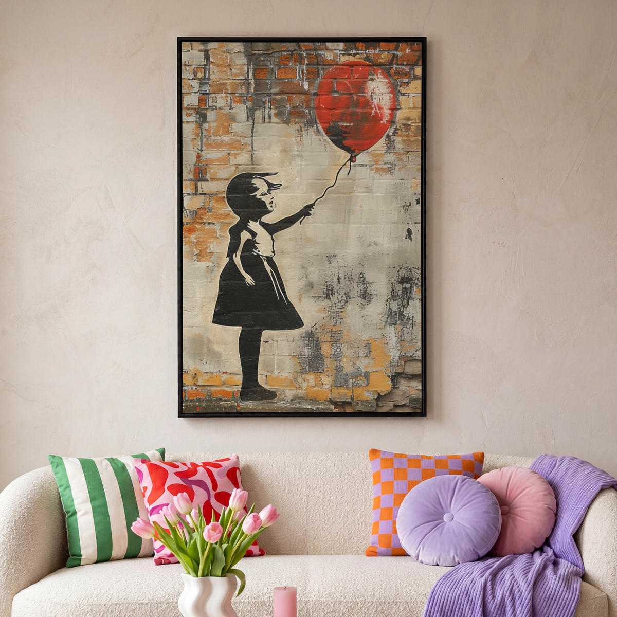 LEINWAND Bilder mit Rahmen - Graffiti - Banksy - Mädchen - Straßenkunst - 90x140 - Sandfarben, Textil (90/140cm) - MuchoWow