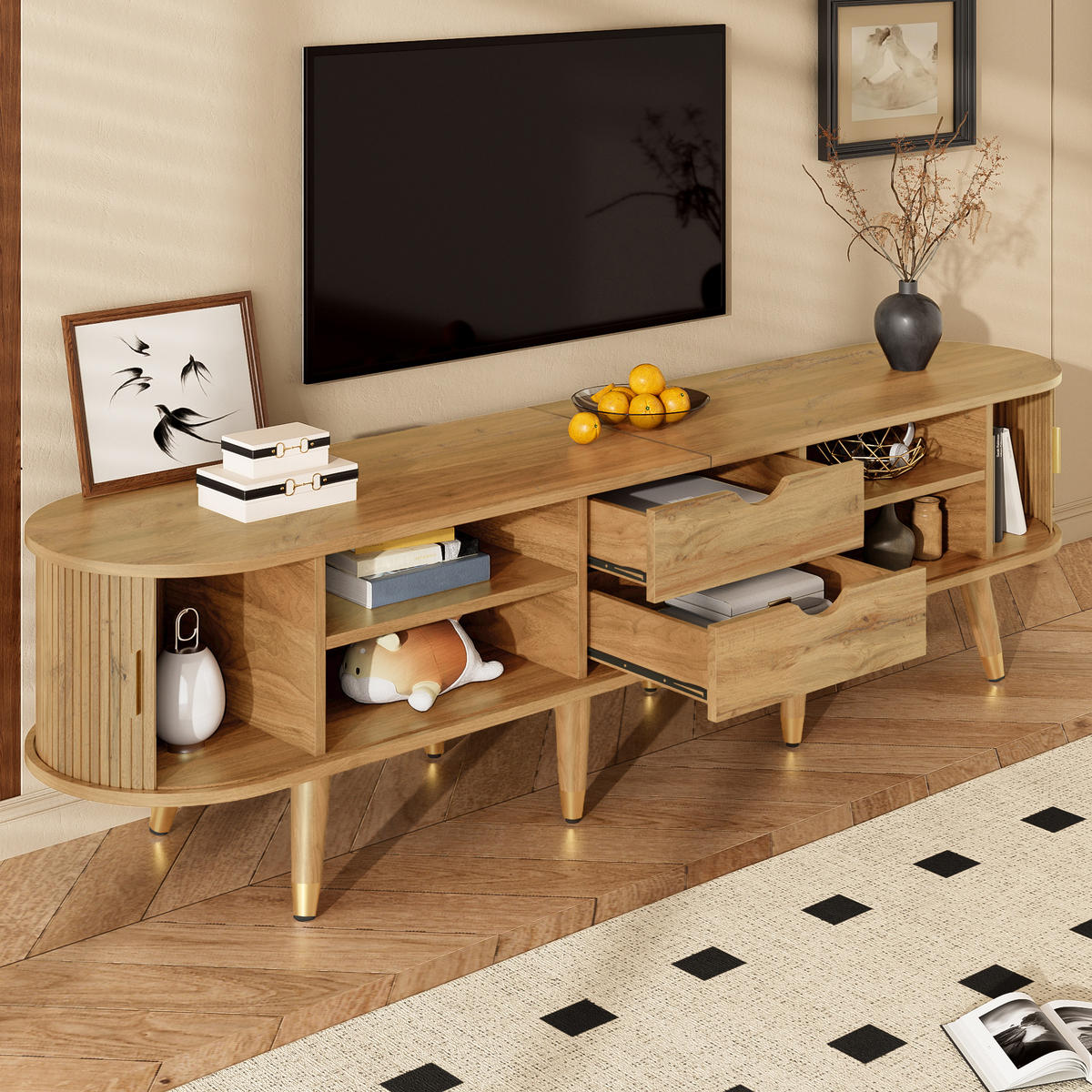 TV-SCHRANK Schiebetüren Lowboard modern Stauraum Design - Naturfarben, Holzwerkstoff (38/45/175cm) - FLIEKS