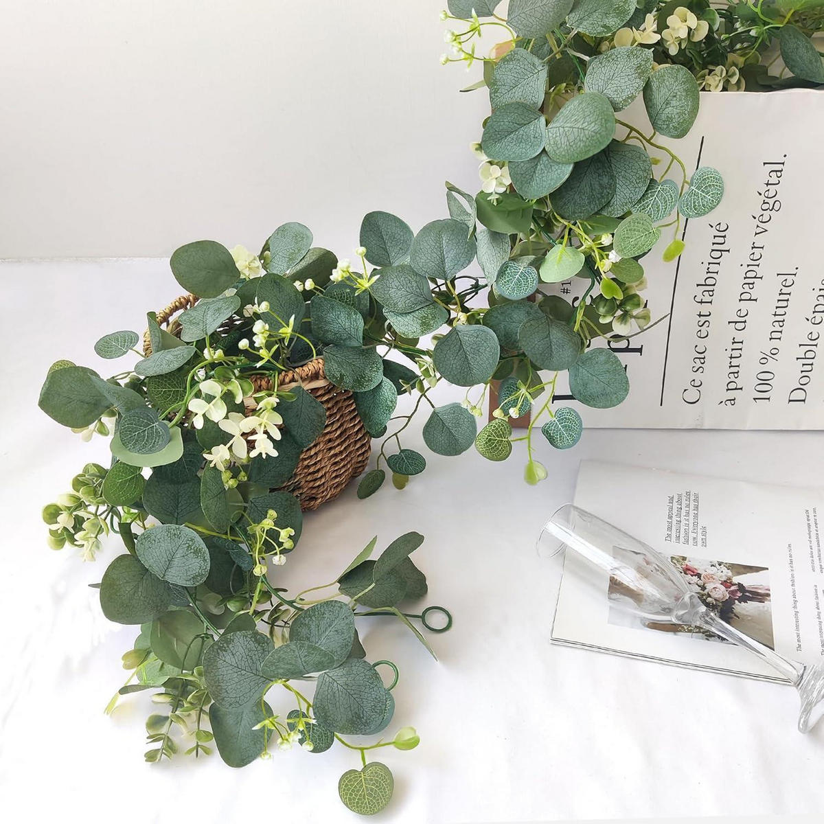 GIRLANDE Eukalyptus 4-teiliges Set 1,8 m Grün mit Weißen Blüten - Grün, Kunststoff (1cm)