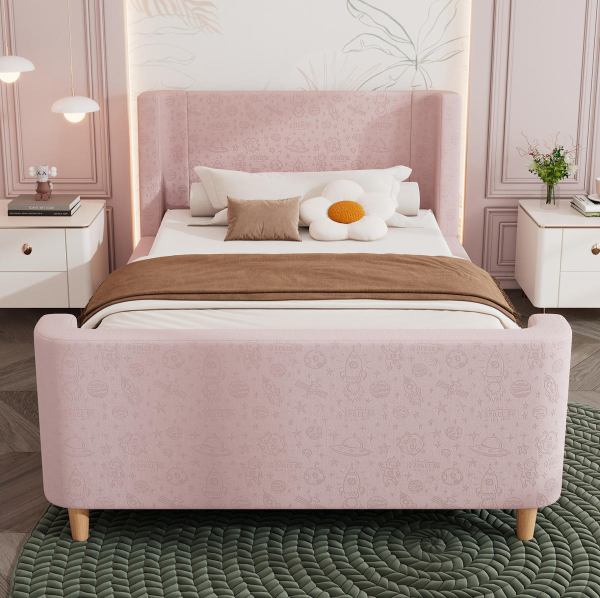 OTROŠKA postelja 90/200 cm roza iz žameta z vesoljskim vzorcem in oblazinjenim vzglavjem - pink, tekstil (90/200cm) - OKWISH