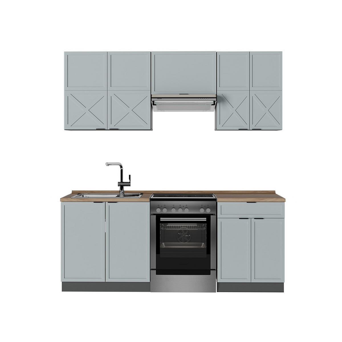 KÜCHENZEILE Fame-Line Hellblau-grau/Anthrazit 200 cm, AP Eiche - Anthrazit/Blaugrau, Holzwerkstoff (200/81.6/60cm) - Vicco
