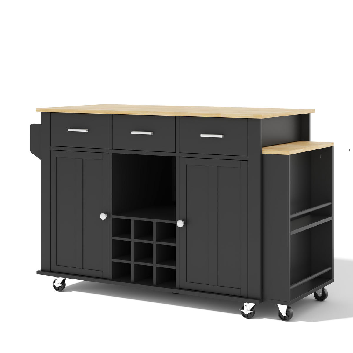 KÜCHENINSEL 93 cm MDF Schwarz Natur mit Ausziehbarer Arbeitsplatte und Weinregal - Schwarz, Holzwerkstoff (50/93/136cm) - Korfee