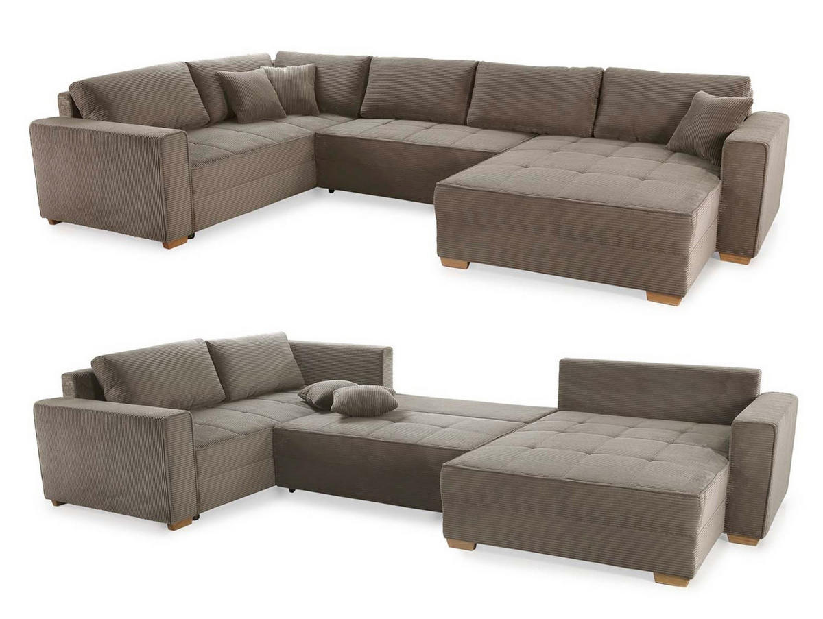 WOHNLANDSCHAFT Schlaffunktion Bettkasten Wellenunterfederung, spiegelverkehrt montierbar U-Form B379/T227/H86 cm, Cord Braun Taupe / 15197 - Taupe/Eichefarben, Holz/Textil (379/86/227cm) - luma-home