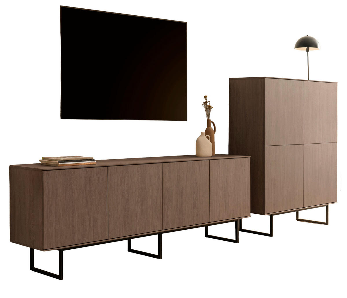 WOHNWAND in Nussbaum 2-teilig 330 cm, Komplett-Set mit Push-to-Open - Nussbaumfarben/Schwarz, Holzwerkstoff/Metall (330/137/40cm) - Furn.Design