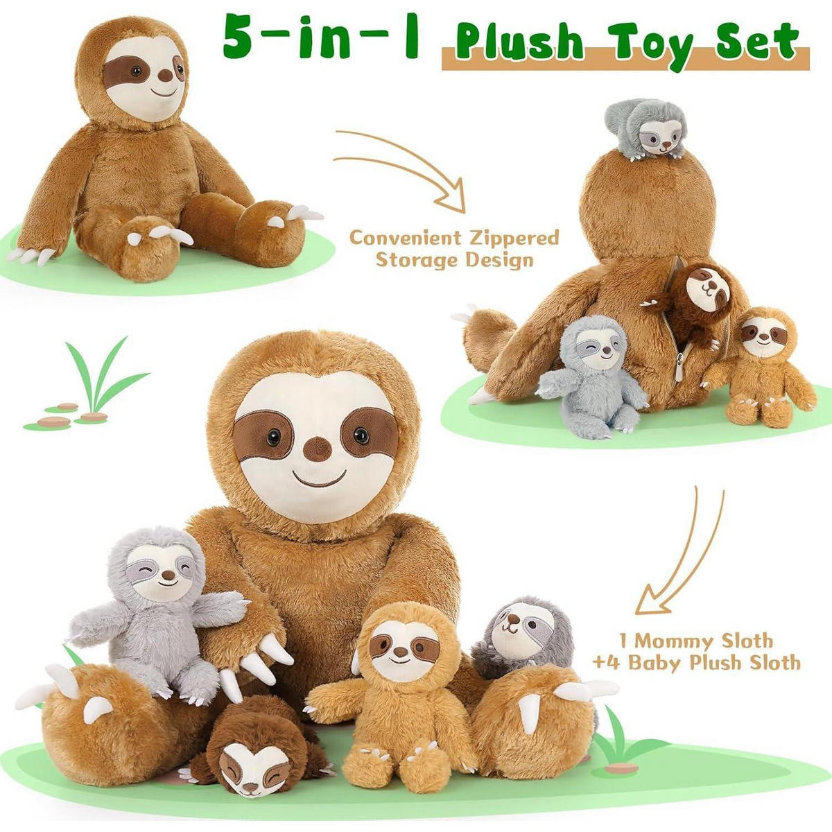 STOFFTIER 5-teiliges Set Faultier mit Babys 56cm - Multicolor, Textil (35/56cm)
