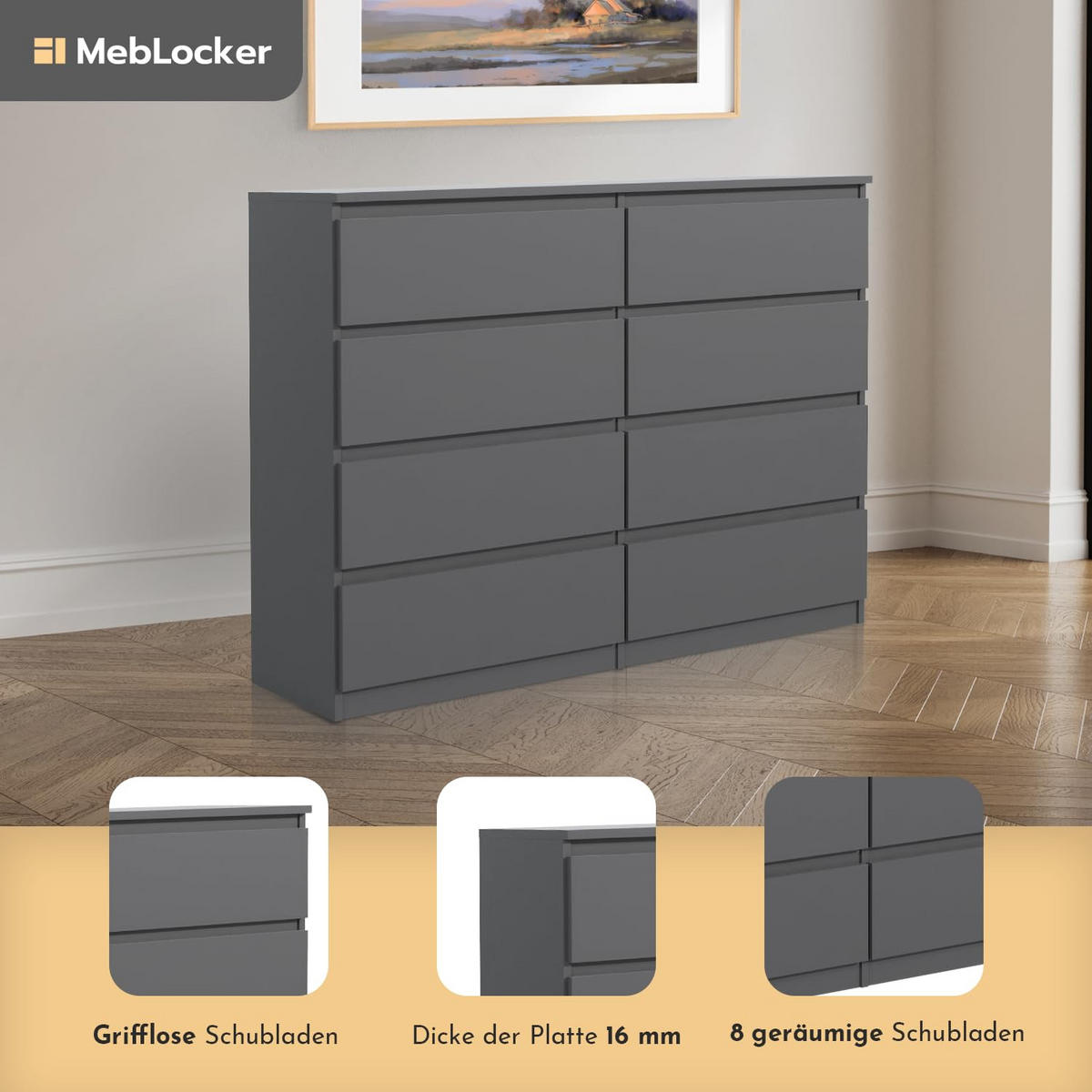 KOMMODE mit Schubladen Anthrazit 120x101,5x39 cm - Anthrazit, Holzwerkstoff (120/101/39cm) - MebLocker