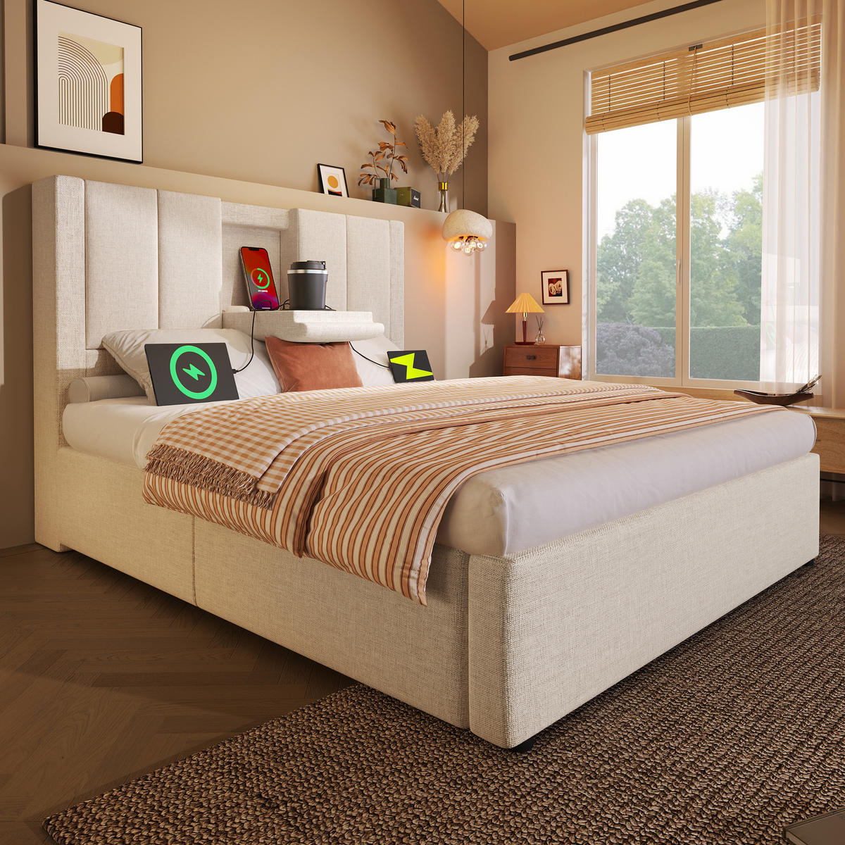 POLSTERBETT 90/200 cm Beige mit Stauraum und integrierter Ladestation mit Matratze aus Leinen - Beige, Textil (90/200cm) - OKWISH