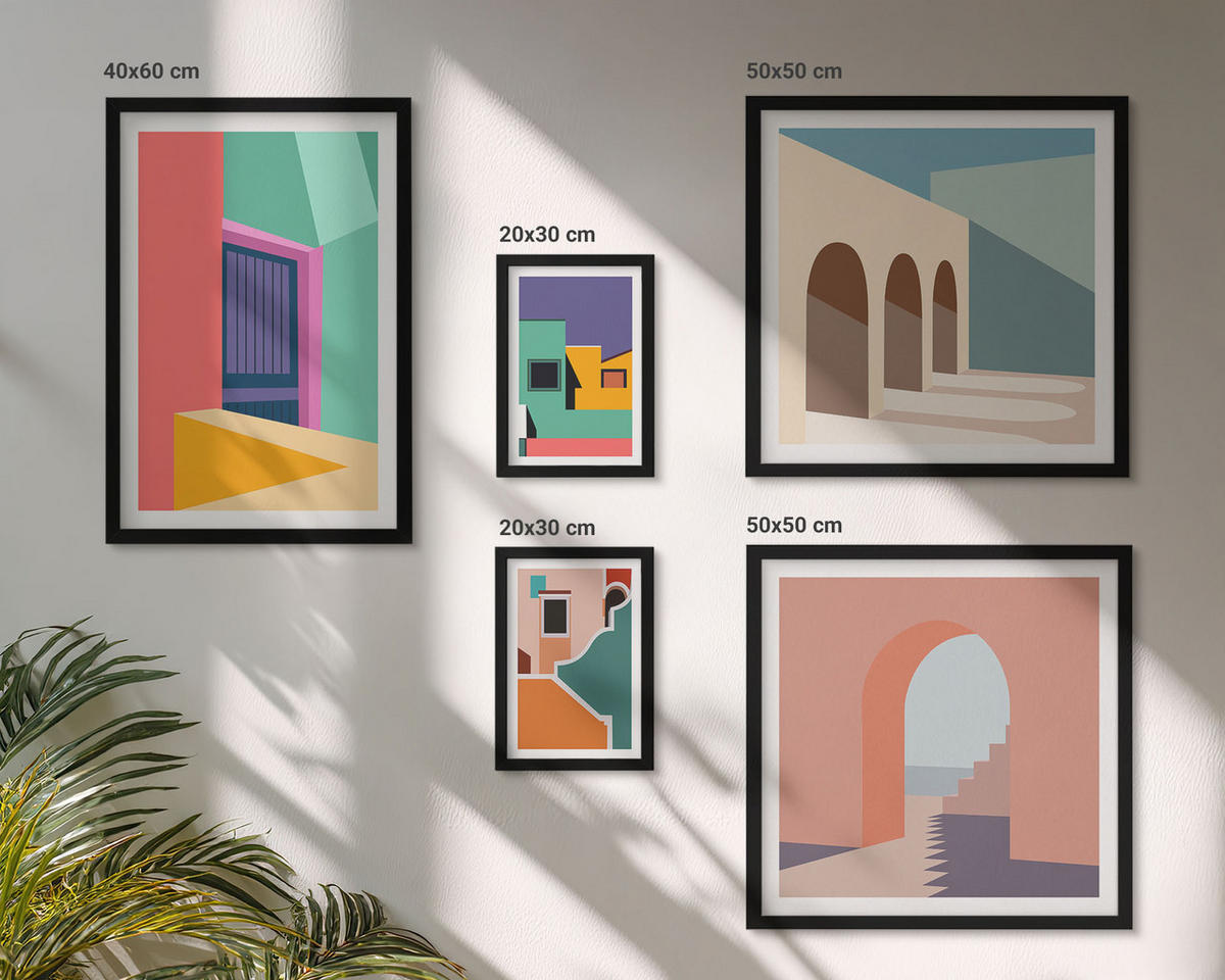 BILDER SET 5er Set - 50x50 cm & 20x30 cm & 40x60 cm Schwarzer Rahmen - Farbenfrohe Illustrationen der Stadt - Schwarz, Kunststoff (40/60cm) - TULUP