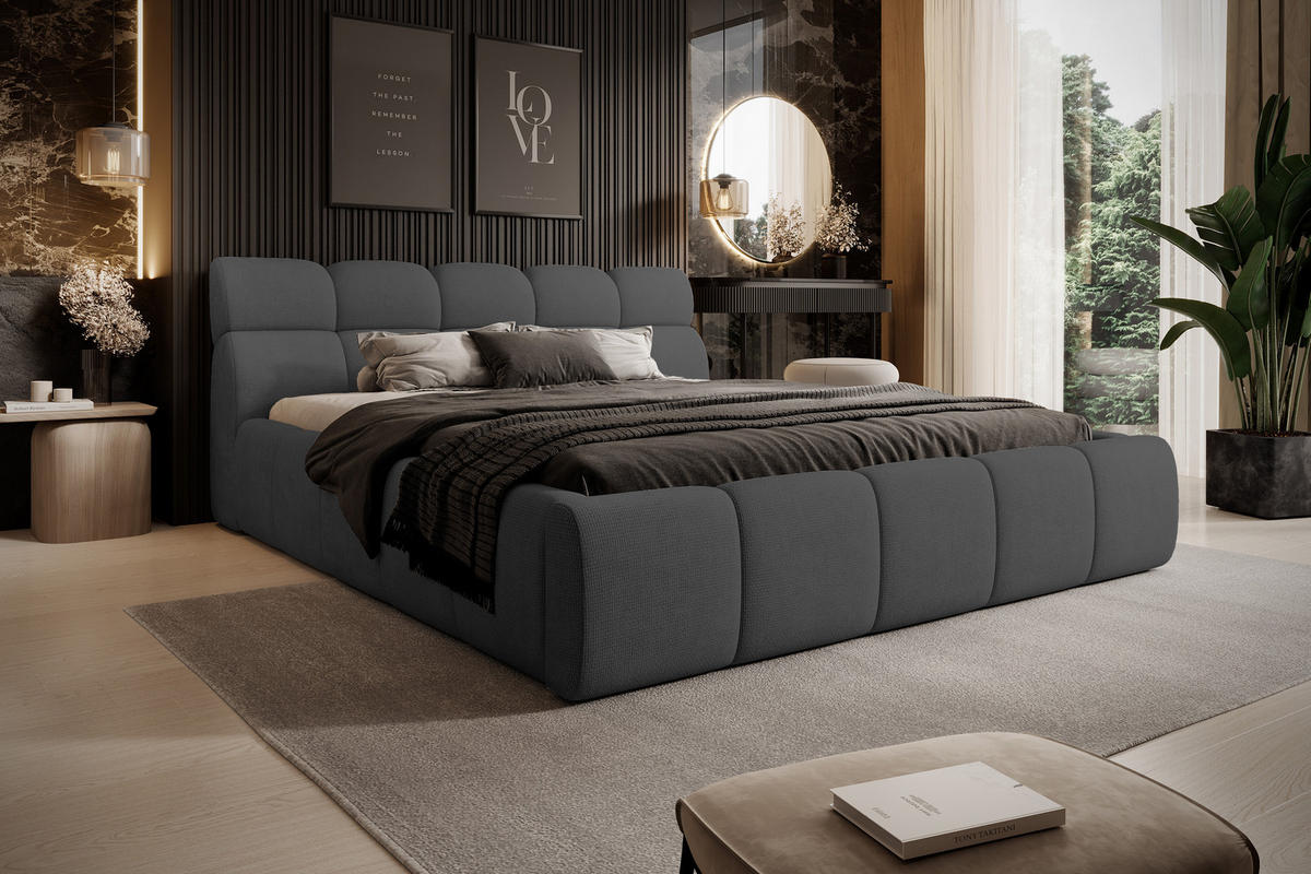 POLSTERBETT GIULIA, komfortabel, mit Bettkasten, verstellbarem Kopfteil und LED, 140x200x96 cm, Farbe Graphit - Graphitfarben/Schwarz, Holzwerkstoff/Kunststoff (140/200cm) - DomoHome