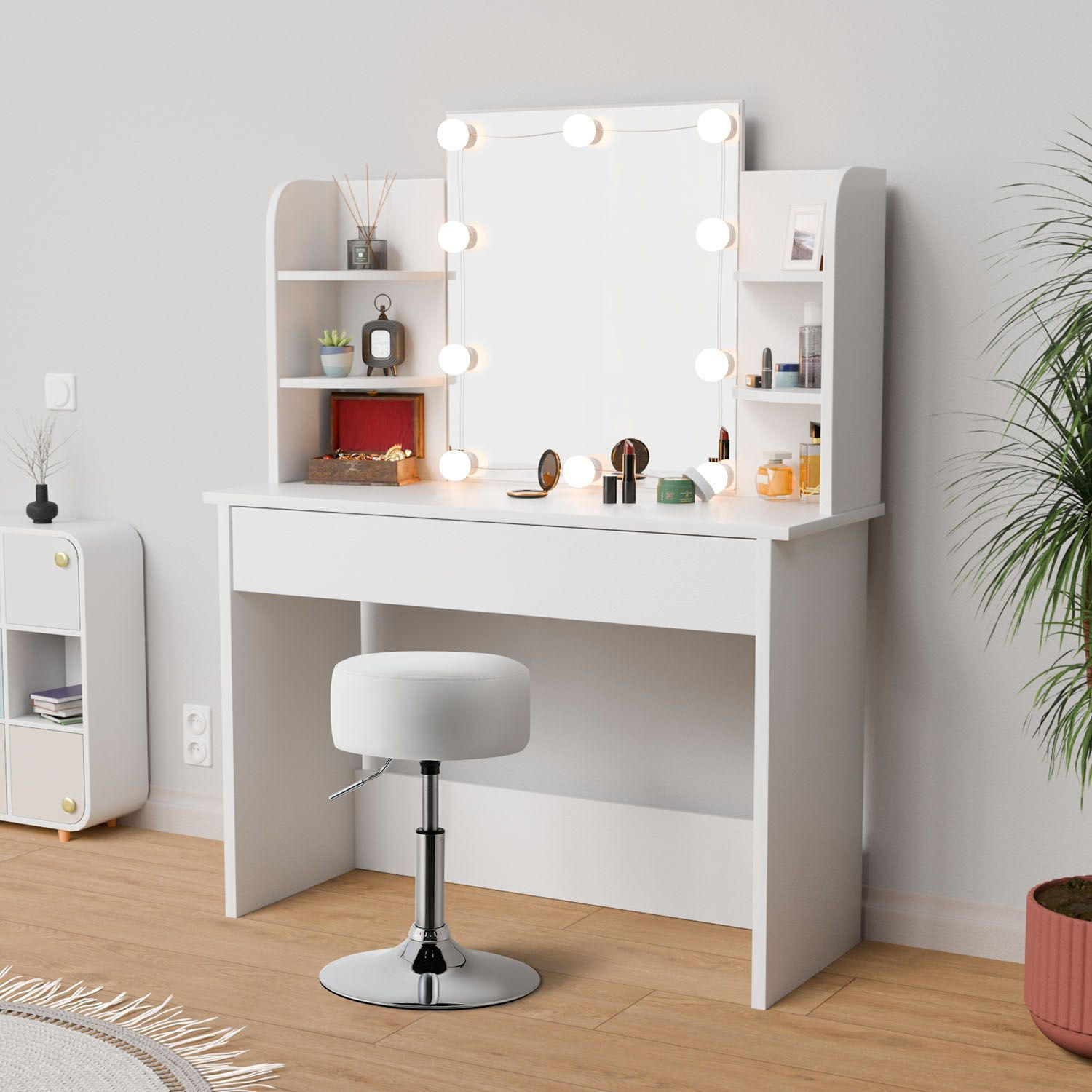 SCHMINKTISCH Bella mit LED und Hocker Tonia - Weiß, Holz (40/140/108cm) - Juskys